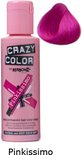 Roze flesje Crazy Color haarkleurcrème 'Pinkissimo' met een felroze kleurstaal.