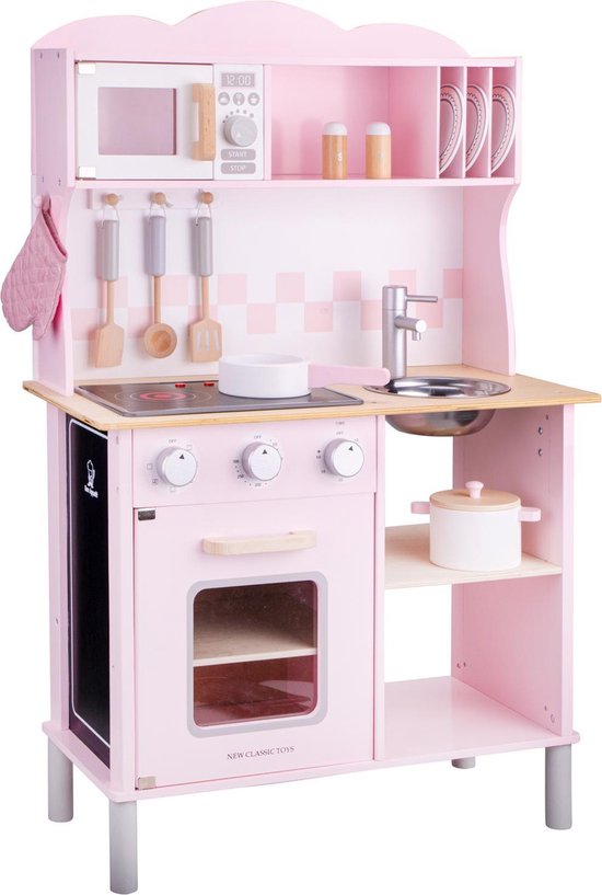 New Classic Toys Houten Speelkeuken Roze - Met Kookplaat die Licht geeft en Kook Geluid maakt - Krijtbord aan de zijkant