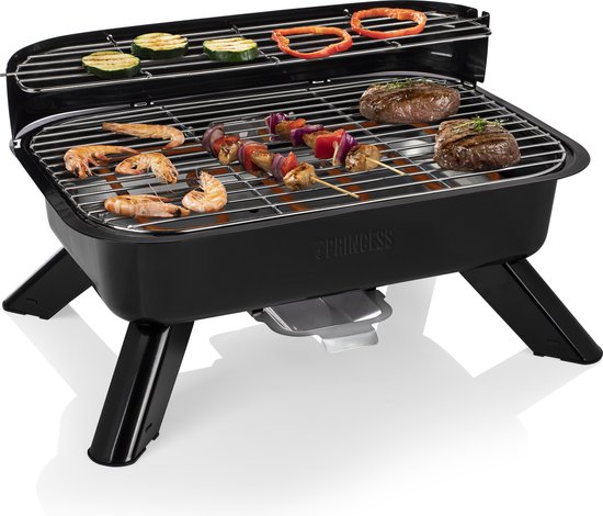 BBQ - Princess 112252 Hybride Barbecue – Elektrische barbecues - Tafelmodel - 2000W - 44x 29cm - Gebruik elektrisch of met kolen - Geschikt voor gebruik op balkon