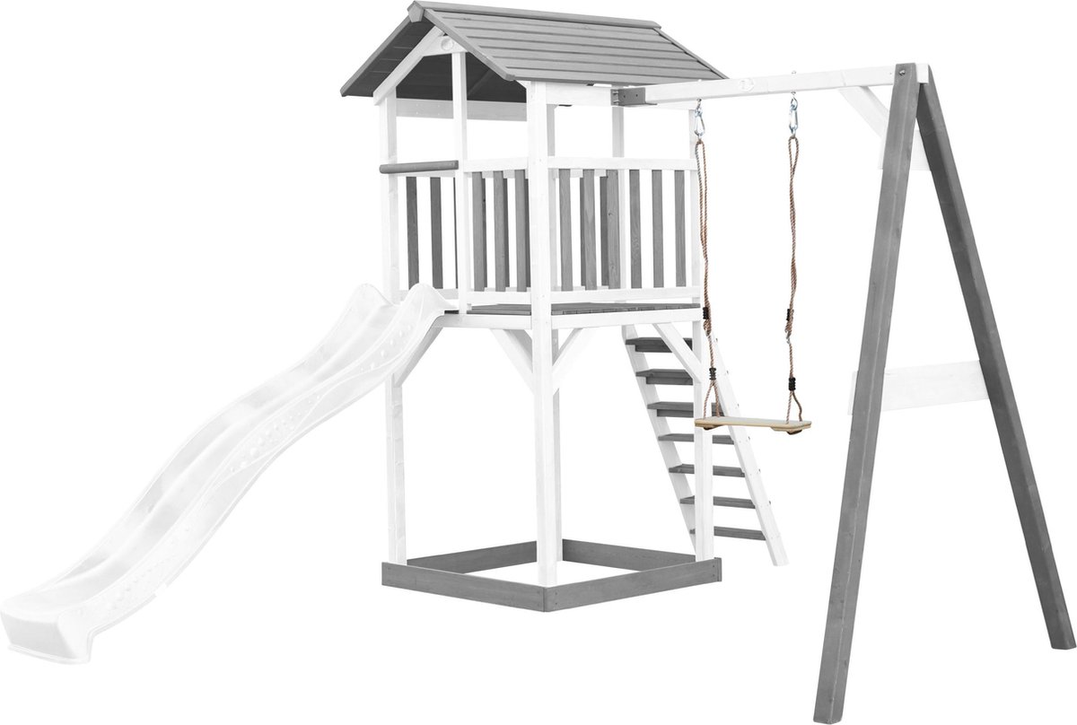 AXI Beach Tower Speeltoestel in Grijs/Wit - Speeltoren met Zandbak, Schommel en Witte Glijbaan - FSC hout - Speelhuis op palen voor de tuin — afbeelding 2