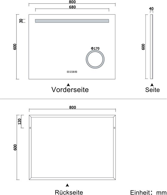 AICA Miroir LED tactile avec bluetooth 80*60cm, 3 couleurs antibuée avec un  miroir grossissant intégré avec lumière