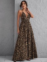 MKL - Dames lange zomerjurk - Kleur zwart en bruin - Franse Mode, - Lente/ Zomer - Elegant Vrolijke Vrouwen jurk Luipaardpatroon - Vintage Lange Maxi Jurk - Maat: S - Dames zomer l