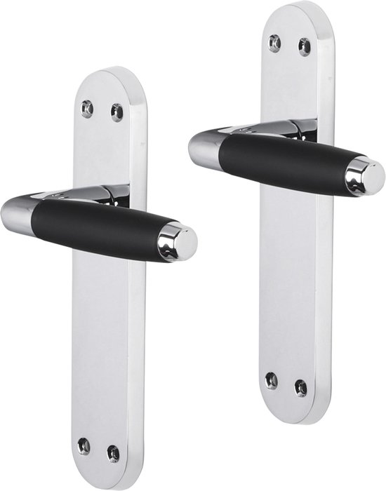 Twee deurklinken met ovaal chroom deurschild en zwart handvat.