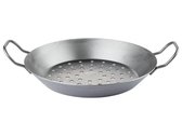 GRILLMEISTER® IJzeren grillpan - IJzeren pan Ø28 cm met gaten - De pan heeft een groot warmtegeleidend vermogen, is bijzonder sterk en duurzaam - Extreem hittebestendig en kras- en snijbestendig