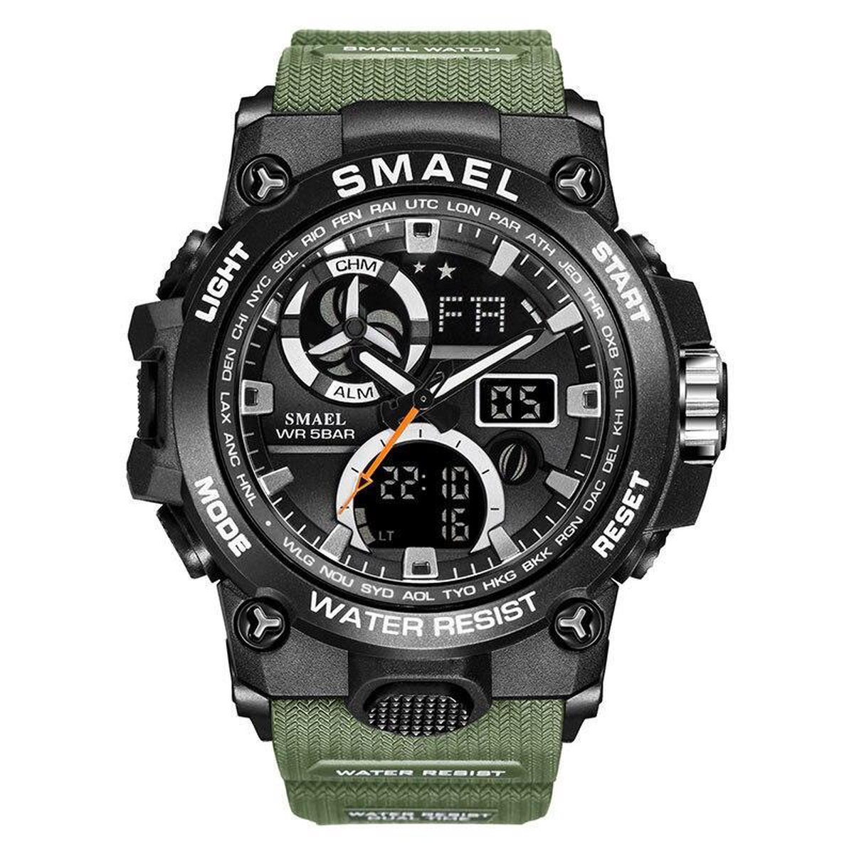 Heren Horloge Zwart met Groene rubber band | WR 5BAR | Smael | Waterdicht |Glow in dark | Mud Master | Leger | Army | Grof | Licht | Rubberen band | Timer | Eyecatcher | Master| Shock | Vaderdag Cadeau | Vaderdag | kado|