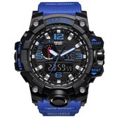 Heren Horloge Zwart met Blauwe rubber band | Smael | Waterdicht |Glow in dark | Mud Master | Leger | Grof | Licht | Rubberen band Blauw | Timer | Eyecatcher | Master| Vaderdag Cadeau | Vaderd