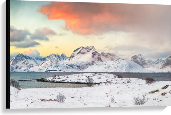 Toile - Montagnes au Bord d'un Lac avec Neige - 90x60cm Photo sur Toile Peinture (Décoration murale sur Toile)