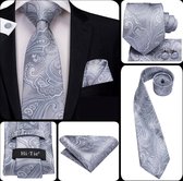 Luxe grijze  paisley stropdas met vleugje blauw met manchetknopen en pochet