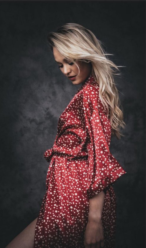 Kimono satijn dames badjas, rood met stippen, Dames Nachtmode kimono maat M  | bol.com