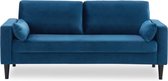 Driezits sofa van blauw velours - Bjorn - 3-zits bank met houten poten, scandinavische stijl