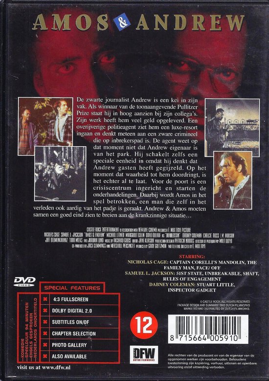 Achterkant dvd-hoesje van Amos & Andrew met tekst en afbeeldingen van de film.