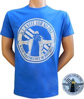 Blauw T-shirt en pin "We kneel for no one, keep politics out of football" maat Medium