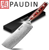 PAUDIN P5 Professioneel Damascus Nakiri mes - 17,5 cm - Japans Keukenmes Gemaakt van 67 Lagen Damaststaal - Zeer Speciaal Gesmeed Vederpatroon - HRC 62+