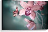 Canvas - Sprookjesachtige Vlinders op Bloemen - 90x60cm Foto op Canvas Schilderij (Wanddecoratie op Canvas)