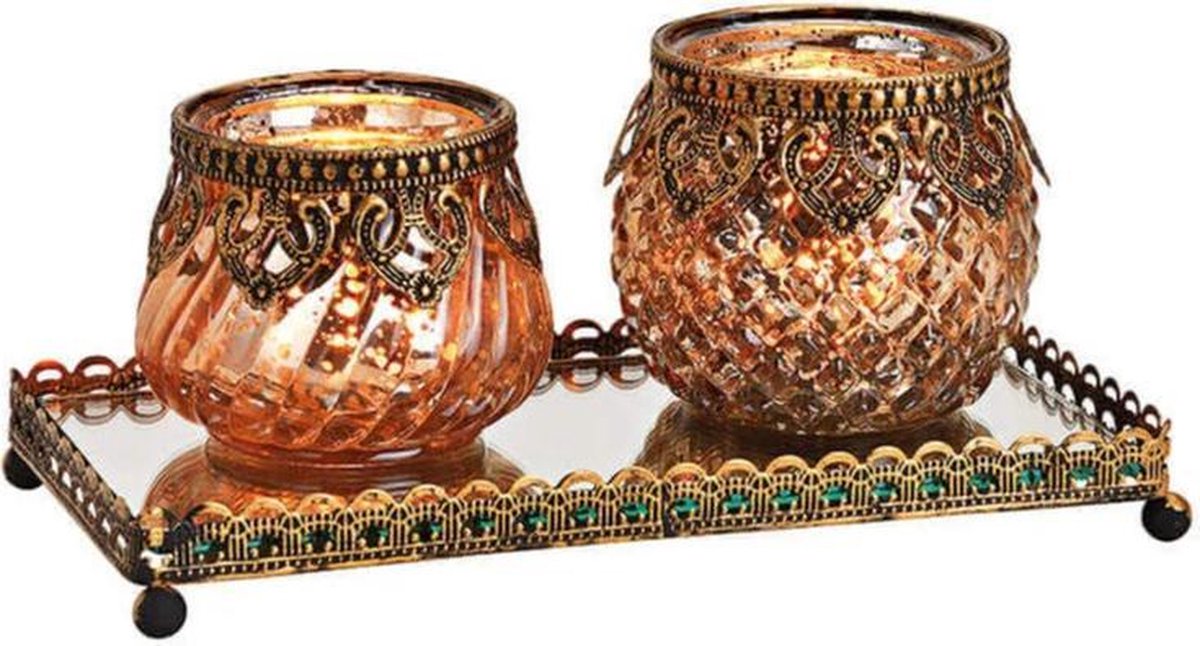 Bellatio Design waxinelichthouders - 2x stuks - goud - glas - 20x9x10 cm