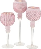 Luxe glazen design kaarsenhouders/windlichten set van 3x stuks lichtroze transparant met formaat tussen de 30 en 40 cm
