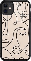 iPhone 11 hoesje glas - Abstract gezicht lijnen - Hard Case - Zwart - Backcover - Print / Illustratie - Bruin