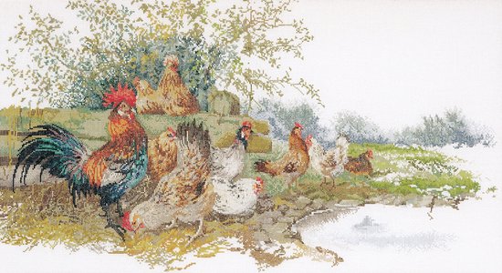 Thea Gouverneur - Borduurpakket met telpatroon - 2038A - Voorgesorteerde DMC Garens - Kippen - Aida - 37 cm x 68 cm - DIY Kit