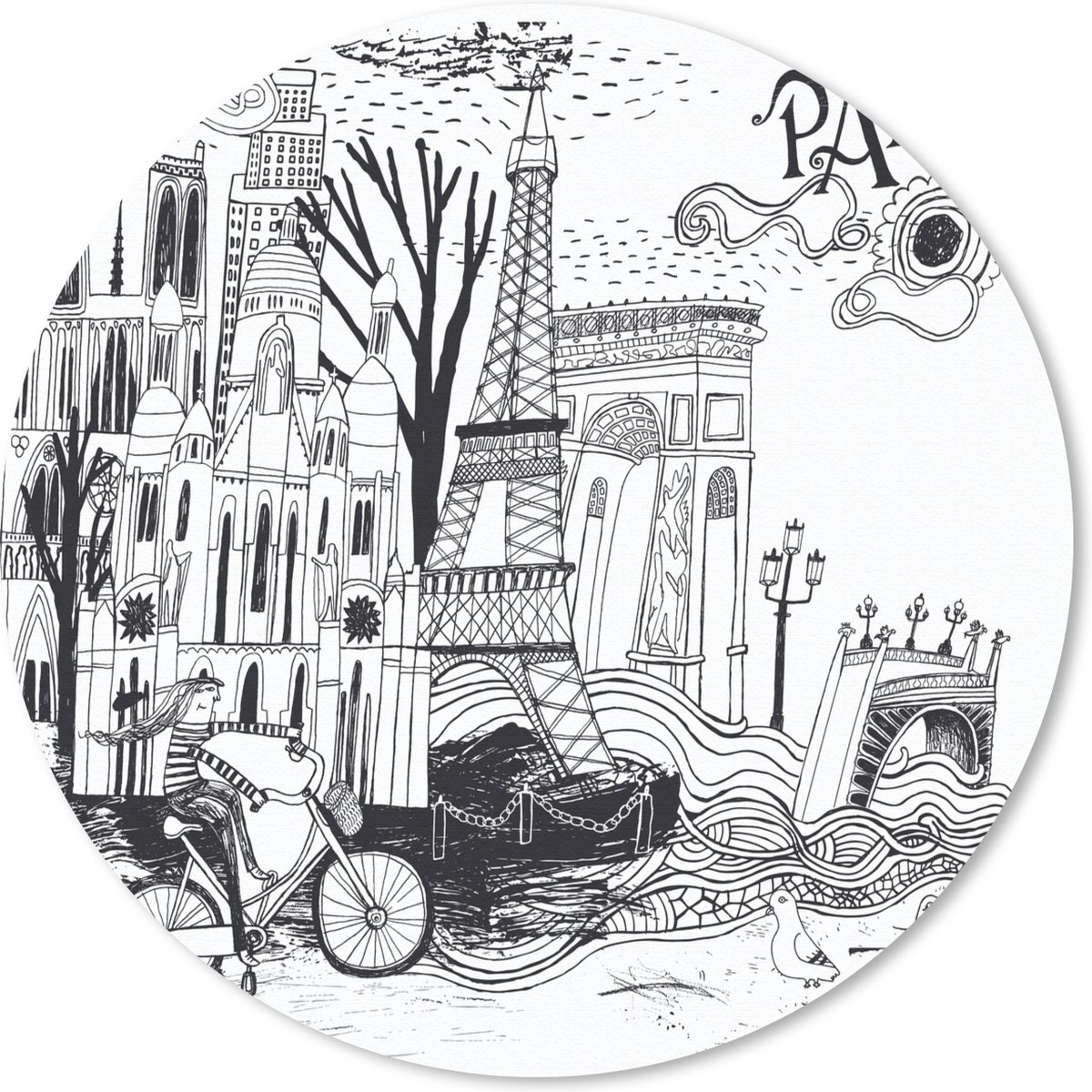 Muismat Parijs illustratie - Een artistieke illustratie van Parijs Muismat rond - 20x20 cm - Muismat met foto