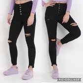 Stretch Jeans slim fit met hoge taille en met rippen ZWART MAAT S (36)