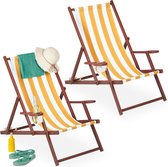 Relaxdays strandstoel met armleuningen - set van 2 - opvouwbare ligstoel - campingstoel - wit-geel