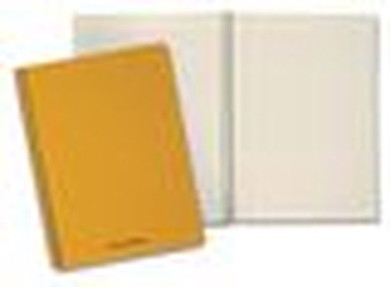 Een oranje notitieboek, half opengeklapt, met witte, blanco pagina's.