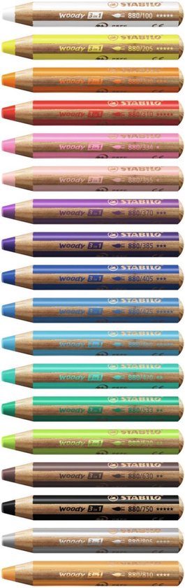 Gekleurde STABILO woody 3 in 1 potloden op een rij