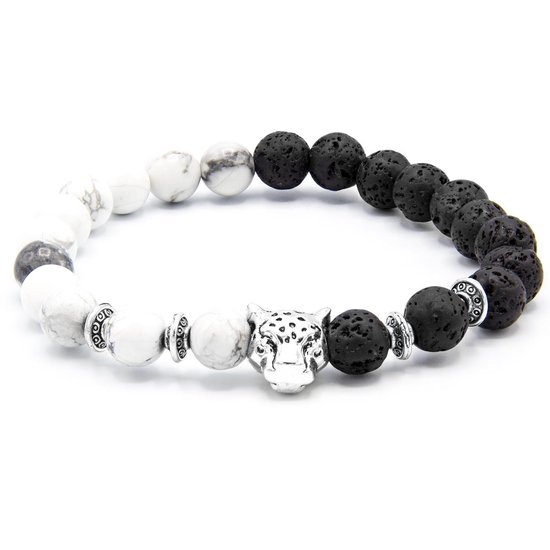 Victorious Natuurstenen Kralen Armband – Heren Armband – Dames Armband – Zilveren Luipaard – Zwart/Wit – 20cm