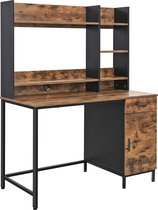 Bureau, computertafel met rekopzetstuk, bureautafel met kast en lade, studeerkamer, eenvoudige montage, metaal, industrieel design, vintage bruin-zwart LWD65X