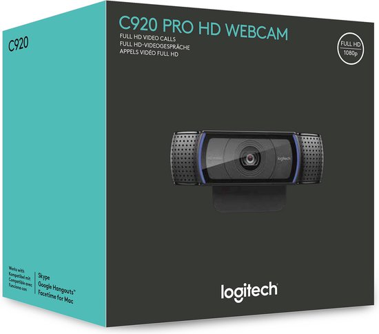 Boîte du Logitech C920 PRO HD Webcam en noir et cyan, avec une image de la webcam.