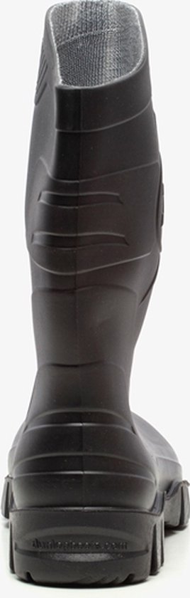 Achterkant van een zwarte Dunlop kuitlaars met textiel aan de binnenzijde.