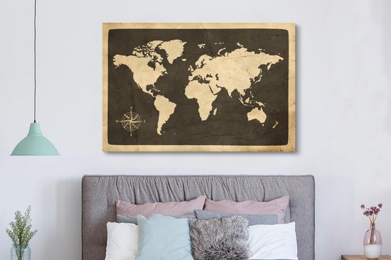 Peintures sur toile Wereldkaart - Rose des vents - Vintage - 150x100 cm - Décoration murale