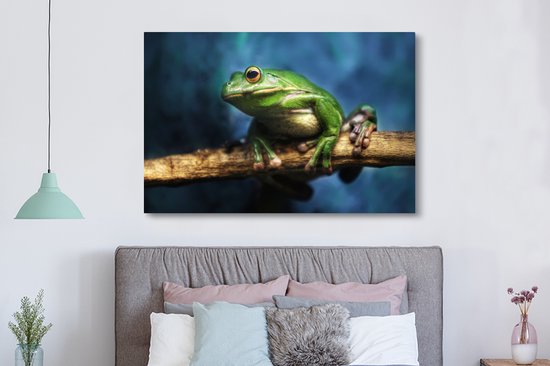 Grenouille verte assise sur une branche 180x120 cm - Tirage photo sur Toile (Décoration murale salon / chambre) / Animaux sauvages Peintures sur toile XXL / Groot format!