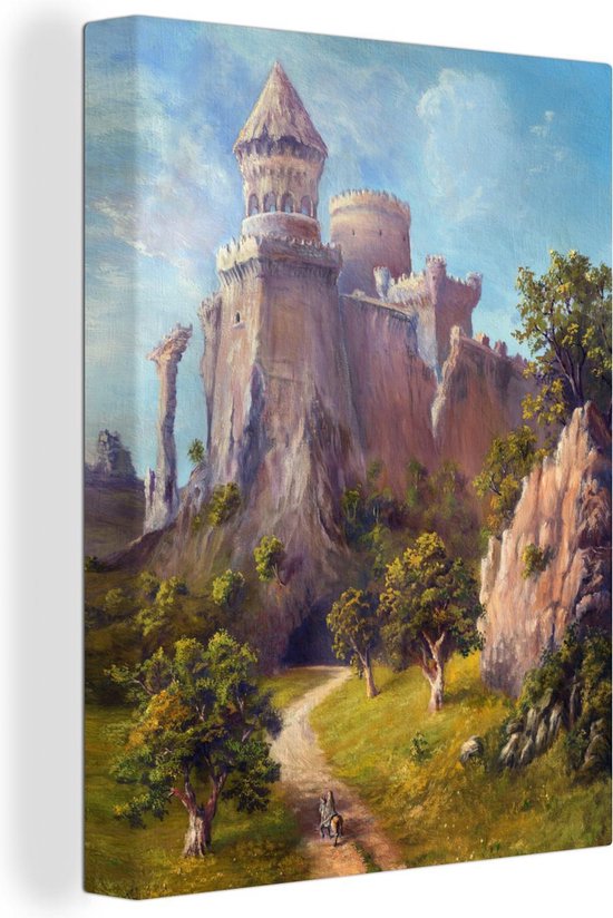 Canvas Schilderij Olieverf schilderij van een ridder op weg naar een kasteel - 90x120 cm - Wanddecoratie