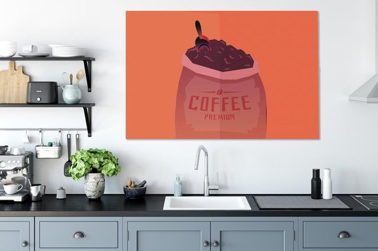 Peintures de toile - citation Café haut de gamme de Coffee et un sac de grains de café - 120x80 cm