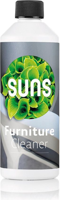 Fles SUNS Furniture Cleaner met groene bladeren op het etiket.