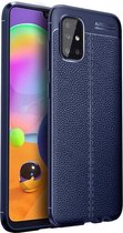 Samsung A51 Hoesje Shock Proof Siliconen Hoes Case | Back Cover TPU met Leren Textuur - Blauw
