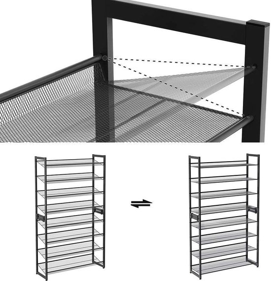 Étagère à chaussures à 8 niveaux, lot de 2 organisateurs de chaussures empilables à 4 niveaux, rangement à chaussures en métal, avec étagères grillagées réglables, montage plat ou en angle, noir-LMR08B