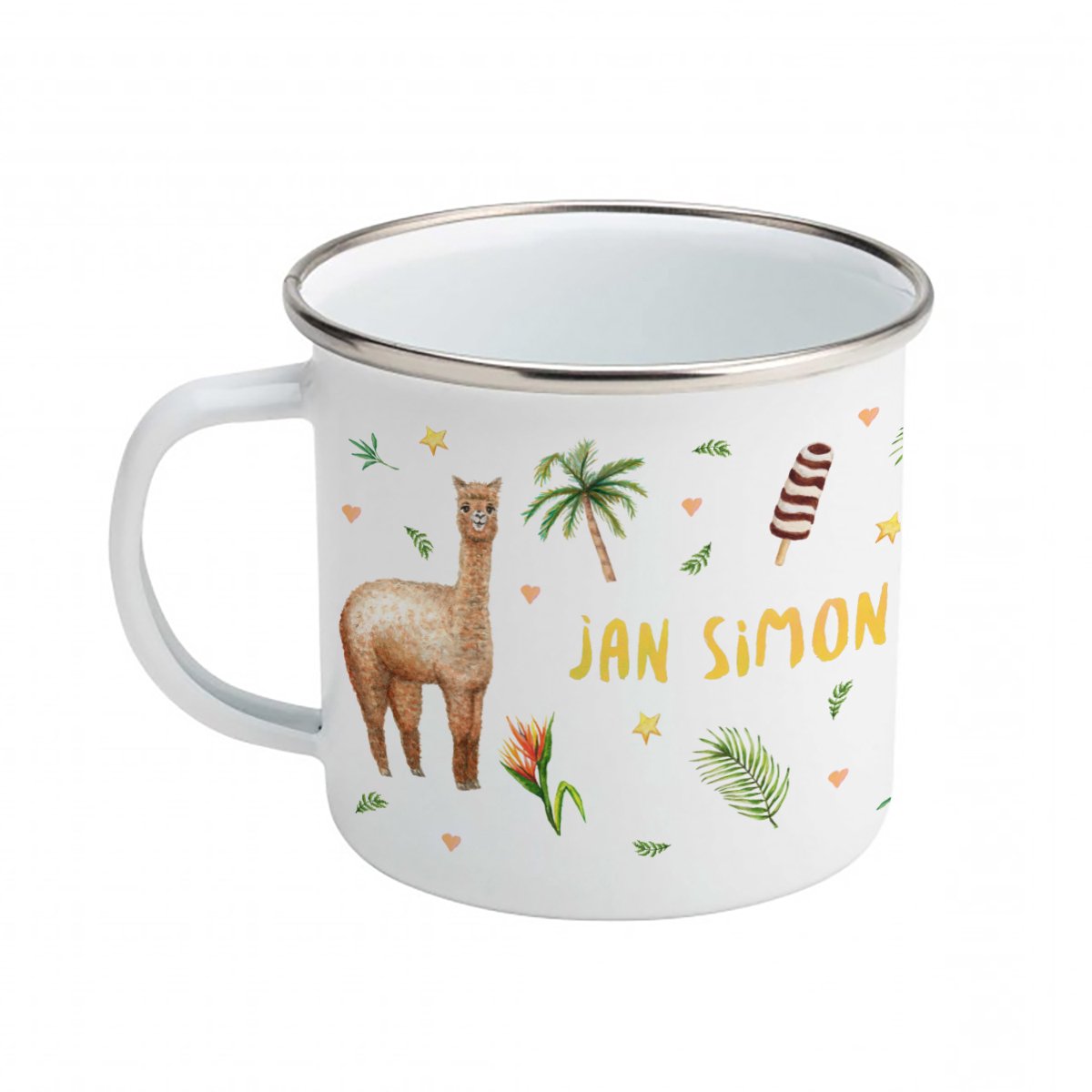 World of Mies emaille mok met naam - Cheetah alpaca flamingo / papegaai - Gepersonaliseerde drinkbeker - kraamcadeau - Dieren in aquarel - Geschilderd door Mies