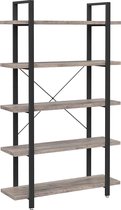 Boekenplank, stabiele staande plank met 5 plankenniveaus, woonkamerplank in industriële uitvoering, eenvoudige constructie, woonkamer, slaapkamer, kantoor, greige-zwart LLS055B02