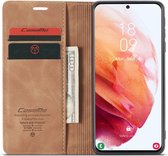 Retro Wallet Slim Case - Telefoonhoesje - Portemonnee Hoesje voor Samsung Galaxy A21S - Lichtbruin