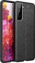 Samsung S21 Hoesje Shock Proof Siliconen Hoes Case | Back Cover TPU met Leren Textuur - Zwart