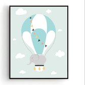 Poster Olifant in een Luchtballon Groen - Kinderkamer - Dierenposter - Babykamer / Kinderposter - Babyshower Cadeau - Muurdecoratie - 40x30cm A3 - Postercity