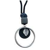 Ketting- zwart-touw metaal- ring- veertje-zilverkleur-7 cm- Charme Bijoux
