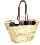 Bohemida- Rieten Tas - Boho Ibiza Shopper tas/Strandtas - Zwart/Black PomPom- Handgevlochten Palmblad Riet -Leder hengsel