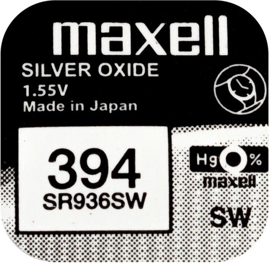Maxell 394 / SR936SW zilveroxide knoopcel horlogebatterij 2 (twee) stuks