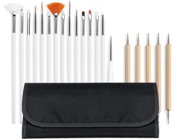 Nail Art Penselen - Nail Art Tools 20- delig met 15 nailart penselen en 5 dotting tools - Wit en Blank Hout, in zwarte etui