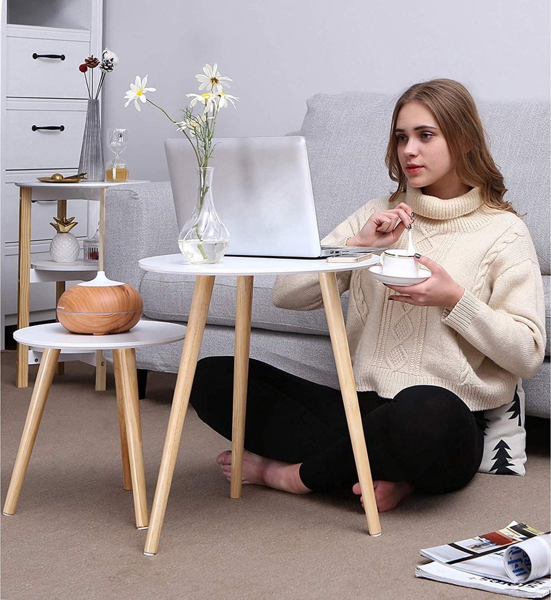 Set Van 2 In Elkaar Schuivende Salontafels - Scandinavische Stijl Fineer Met Marmerpatroon Zwart Set Van 2 In Elkaar Schuivende Salontafels - Scandinavische Stijl Fineer Met Marmerpatroon Zwart