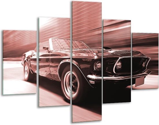 Glasschilderij -  Auto, Mustang - Bruin, Rood - 100x70cm 5Luik - Geen Acrylglas Schilderij - GroepArt 6000+ Glasschilderijen Collectie - Wanddecoratie- Foto Op Glas