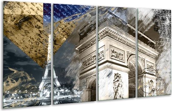 GroepArt - Glasschilderij - Frankrijk, Parijs - Grijs, Crème , Geel - 160x80cm 4Luik - Foto Op Glas - Geen Acrylglas Schilderij - 6000+ Glasschilderijen Collectie - Wanddecoratie